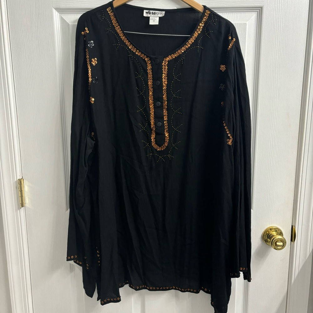 Vintage Gauzey Tunic Top Black 2X Whimsigoth Witchy Lagenlook Orange Beaded